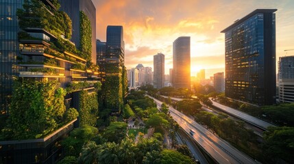 Poster - Sunset cityscape with green buildings and highway.