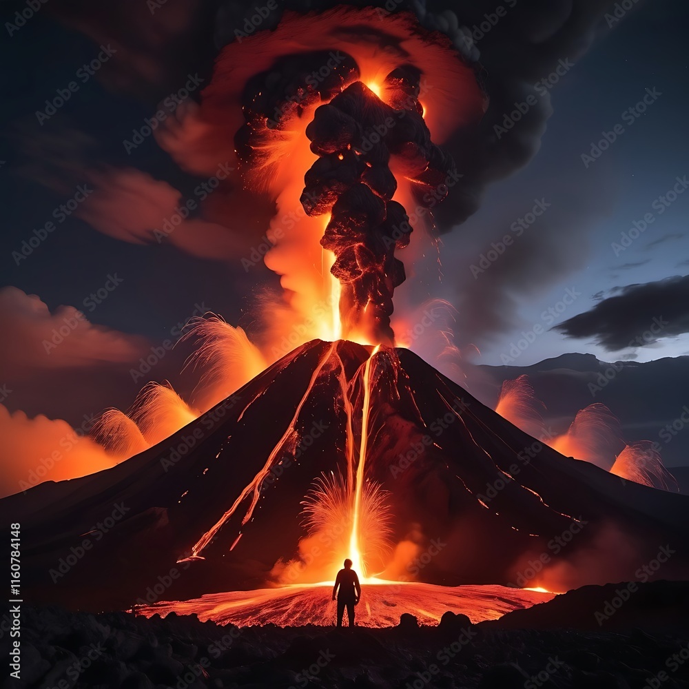 A volcanic eruption at night, with lava fountains shooting high into ...
