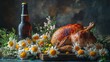 © KarpenArt Studio - A whole roasted chicken with golden-brown skin sits on a wooden cutting board, surrounded by fresh daisies and baby's breath flowers, accompanied by a bottle of beer.