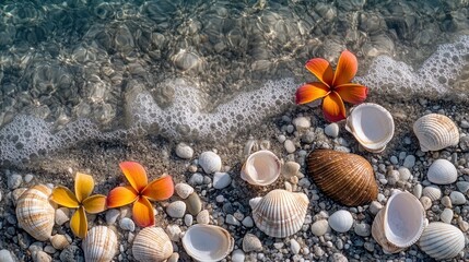 Canvas Print - Ocean wave gently washing ashore, seashells and flowers on sandy beach.