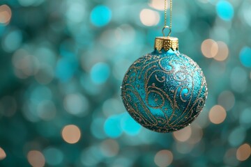 Wall Mural - Blue decorative Christmas ornament hanging with sparkling background during the holiday season