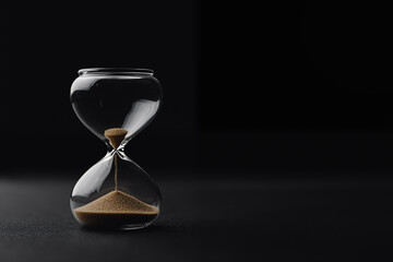 Sand flowing through hourglass against dark background minimalist photograph