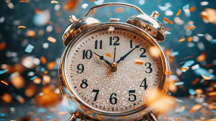 Artistic close-up of a glittering clock striking twelve a dramatic new year's celebration moment