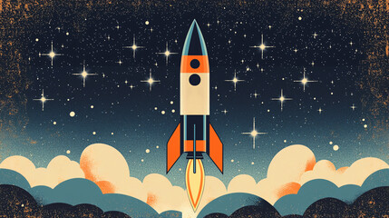 A retro-inspired rocket launch illustration with bold graphic shapes, a starry background, and a color scheme of navy blue, orange, and white. The scene should have a grainy texture to give it a vinta