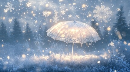 Poster - Illuminated umbrella in snowy winter forest.