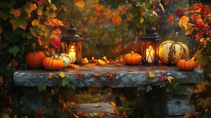 Poster - Autumnal scene with pumpkins and lanterns on stone bench.