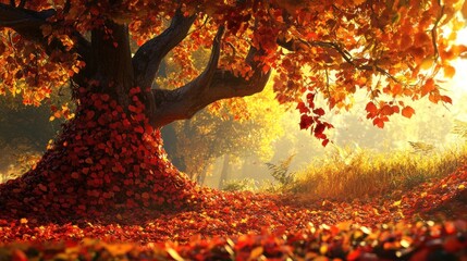 Wall Mural - Majestic autumn tree with vibrant red leaves, sunlight streaming through branches, creating a serene forest scene.