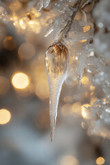 Poster - Close-up of a shimmering icicle with glowing bokeh in the background