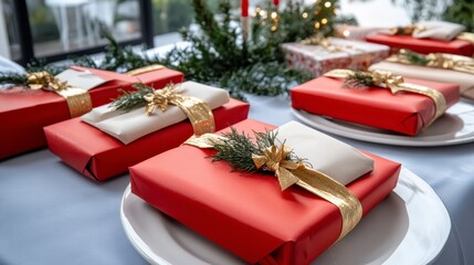 Wall Mural - A festive table setting featuring beautifully wrapped Christmas gifts adorned with gold ribbons and greenery.