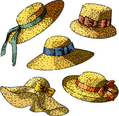 sunhat set hand drawn. shade beach, uv brim, headwear accessory sunhat vector sketch. isolated color illustration