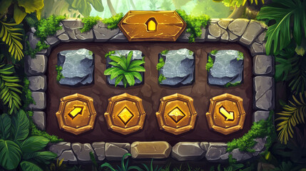 Poster - Stone game interface. UI game buttons, GUI elements and icons. Game interface bars, sliders and buttons with stone texture and jungle fern, liana plants, GUI banners and pointers, stone arrows