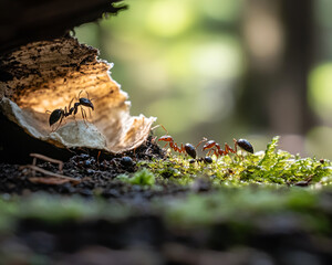 Poster - Ant colony exploring forest floor near illuminated mushroom cap with lush green moss
