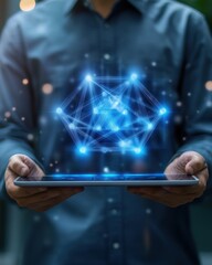 Poster - A male hands holding a tablet with a holographic digital network projection above it, showcasing advanced technology.
