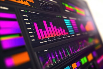 Poster - Colorful data visualization dashboard displaying vibrant graphs and charts in purple, pink, and turquoise tones.