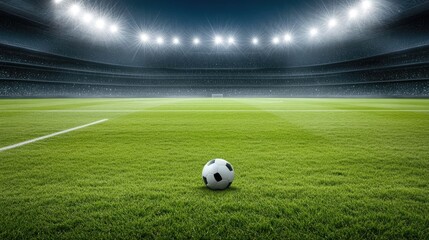 A soccer ball is positioned on the field inside a stadium as bright lights illuminate the surroundings in the evening.