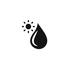 Poster - Drop icon. Vector icon of black drop with sun. Weather logo. Symbol of ecology and environment. Vector illustration. Drop of fuel.