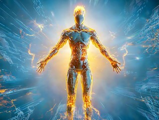 Poster - Conceptual Representation of an AI Being Adapting to New Realities with a Glowing Human Figure Surrounded by Dynamic Energy and Abstract Visual Elements