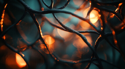 Poster - Twisted branches intertwine with soft glowing lights in an abstract display
