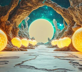 Poster - A Futuristic Adaptive AI System Visualized in a Surreal Landscape with Cosmic Elements and Glowing Orbs, Symbolizing Innovation and Technology