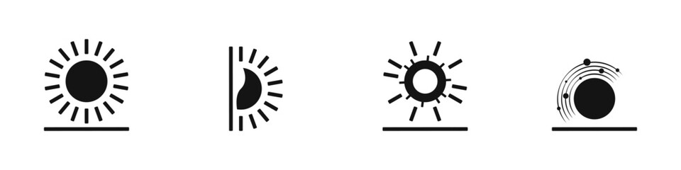 Poster - Set of abstract sun icons. Black sun icon. Solar energy logo vector. Collection of futuristic sun rays icons isolated on white background. Alternative energy sun vector.