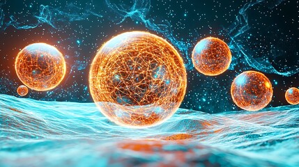 Poster - Radiant Adaptive AI Network Visualized as Translucent Spheres Surrounded by a Cosmic Background of Stars and Energy Patterns