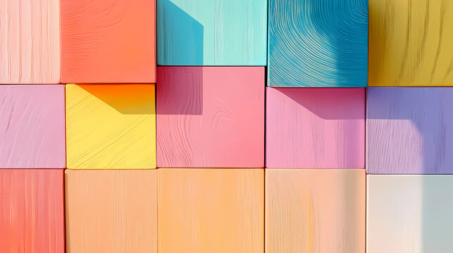 Colorful wooden cubes background, top view