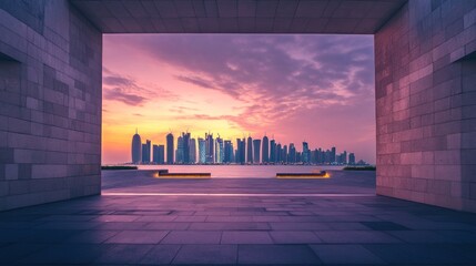 Poster - Cityscape viewed through modern architectural frame at sunset.