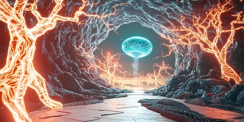 Poster - Futuristic Depiction of Adaptive AI Mechanisms in a Surreal Environment with Glowing Trees and a Mysterious Orb at the Center of an Abstract Cave