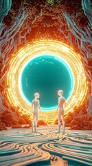Poster - Futuristic High-Tech Scene Depicting AI Perception and Adaptation in a Surreal Environment with Glowing Portal and Stylized Landscape