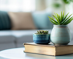 Poster - Succulent and aloe plants in ceramic pots on a book in a modern cozy interior setting