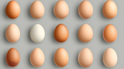 Assortment of Chicken Eggs, Shades of Brown, White, Speckled,  Differing Textures Displayed in a Grid Pattern