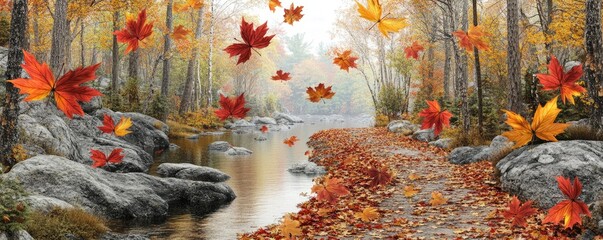 Wall Mural - A serene autumn landscape with colorful leaves falling by a tranquil stream.