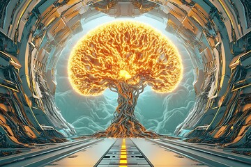 Poster - Surreal Adaptive Mechanism Depicted as a Glowing Tree in a Futuristic Corridor with Unusual Textures and Illuminated Branches