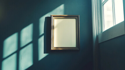 Poster - Empty frame hangs on a teal wall, sunlight casts shadows through the window