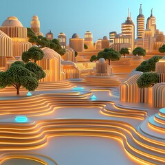 Poster - Unique AI Visualization of a Futuristic Cityscape with Dramatic Landscape Features, Lush Greenery, and Creative Architectural Designs Reflecting Perception of Tomorrow