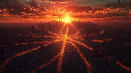 Canvas Print - Sunset over futuristic city with radiating roads.