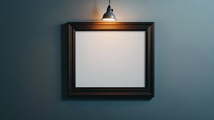 Poster - Empty frame illuminated by a light in a minimalist room with dark walls and no artwork