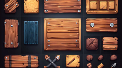 Poster - Wooden buttons cartoon interface. UI game, GUI elements with wooden texture. Game interface menu options, bars and sliders, user interface vector icons and buttons, wooden banners, arrows and