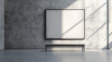 Poster - Modern minimalist gallery with empty frame and bench in a sunlit industrial space