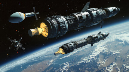 Poster - Spaceships and rockets flying in space or idea of logo. Jpeg version also available in gallery