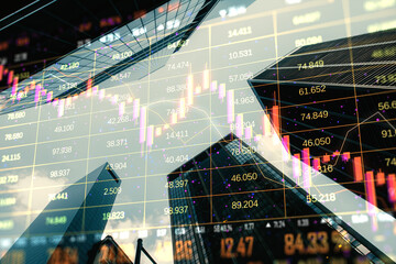 Poster - Double exposure of stock market data overlaid on urban buildings, illustrating real estate and financial trends.