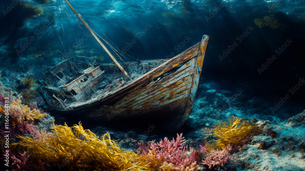 Ilustración de Stock Ocean underwater landscape with sunken sailing ...