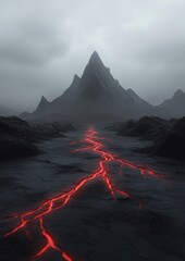 Wall Mural - a mountain range with a volcano in the middle and a red lava flow