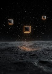 Wall Mural - A black and white photo of three cubes in the middle of a black background