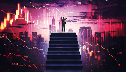 Wall Mural - Businesswoman looking at financial crisis chart with falling trends over city skyline background.