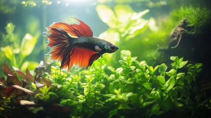 Poster - Colorful betta fish swimming gracefully in lush aquarium plants