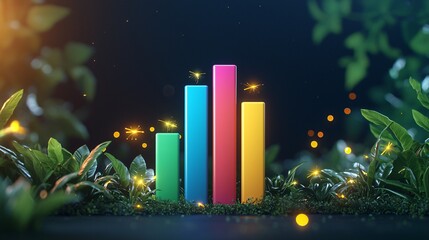 Poster - digital footprint. colorful bar graph surrounded by greenery and glowing elements in a dark environm