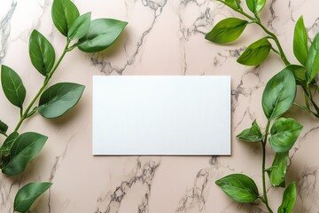 Wall Mural - Blank envelope surrounded by green leaves on a marble surface in a natural, minimalist setting