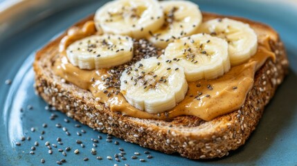 Poster - Healthy Toast with Peanut Butter and Sliced Bananas on Plate