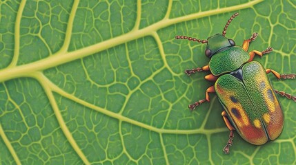 Poster - Colorful Beetle Crawling on Vibrant Green Leaf Surface